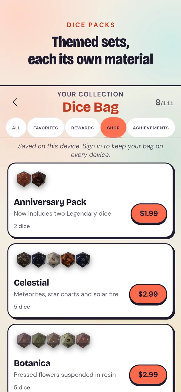Themed dice packs in the shop